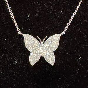 🔥14K Solid white gold natural diamond butterfly pendant necklace